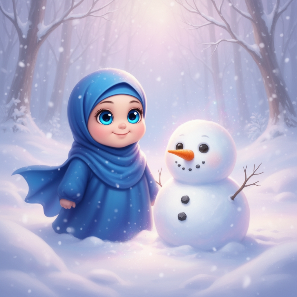 یک دختر تپل و با روسری آبی خیلی قشنگ و چشم های آبی بزرگ در کنار یک آدم برفی ناز تپل در کنار برف ها در فصل زمستان 
2