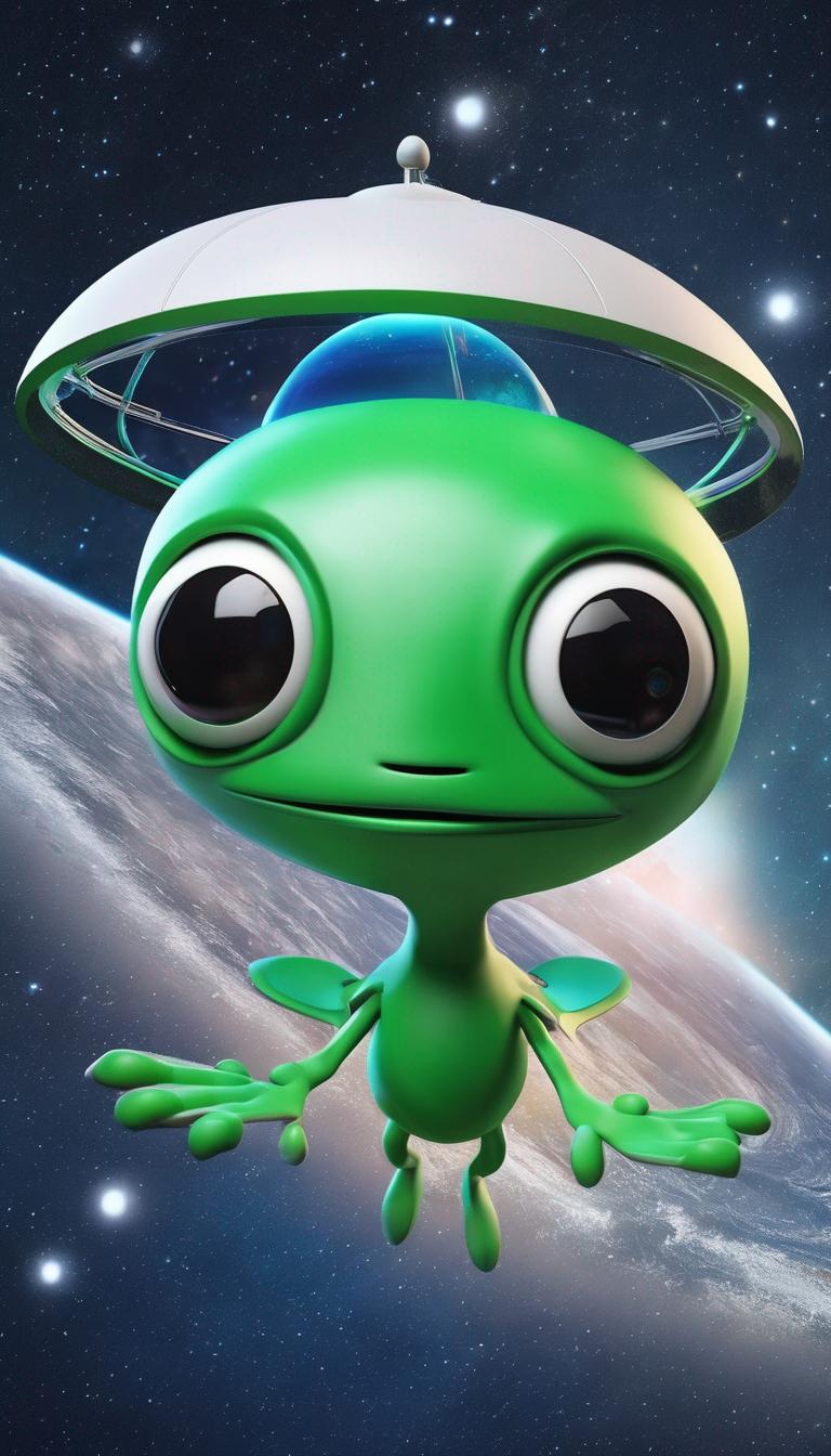 یک موجود فضایی سبز رنگ با چشمان بزرگ مشکی، در حال پرواز با یک سفینه فضایی عجیب و غریب در یک آسمان شب پرستاره1