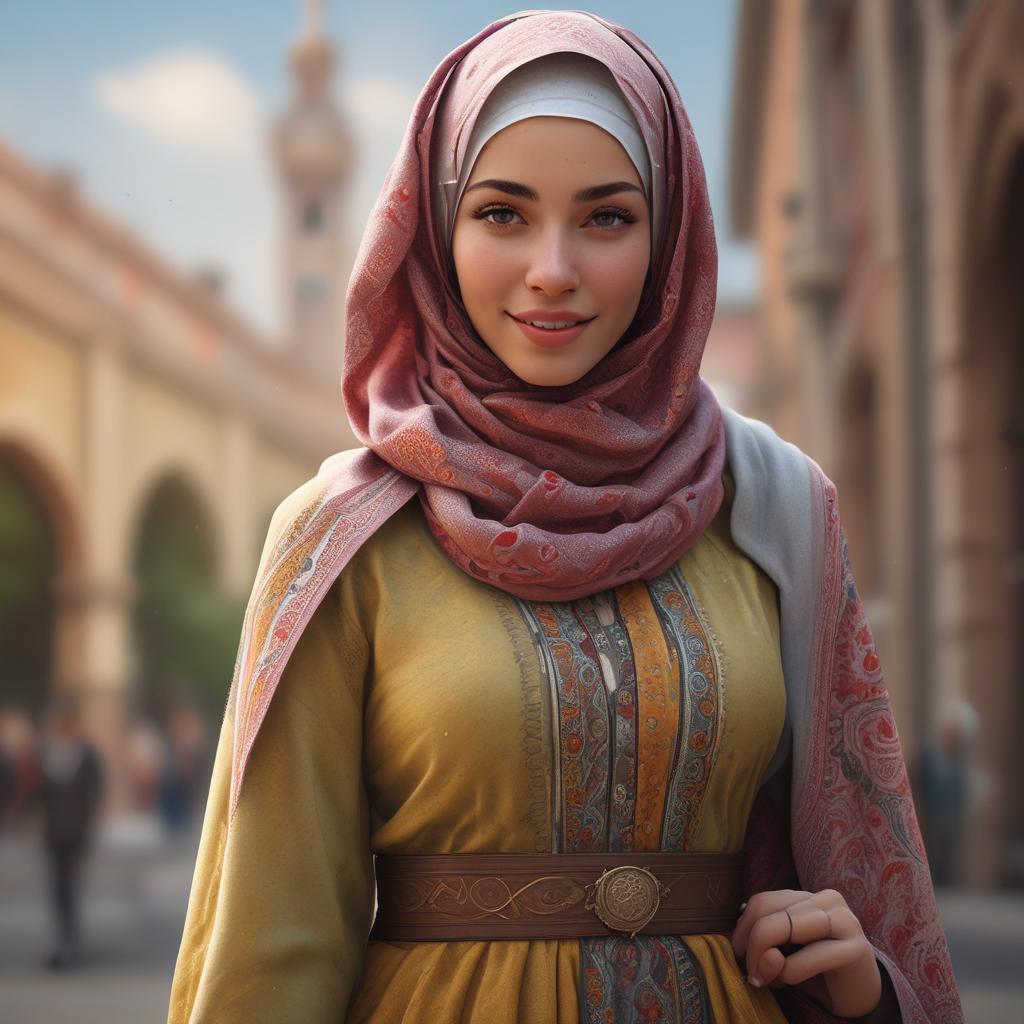 دختری شاد و پر انرژی و با حجاب کامل و لباس بلند و روشن5