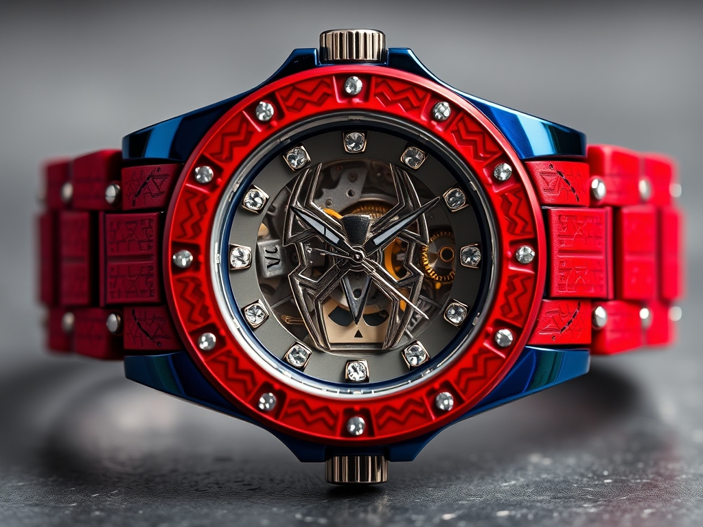 ساعت با بدنه رنگ مثل مرد عنکبوتی و علامت تاج در درورن ساعت و الماس های دورن و 23