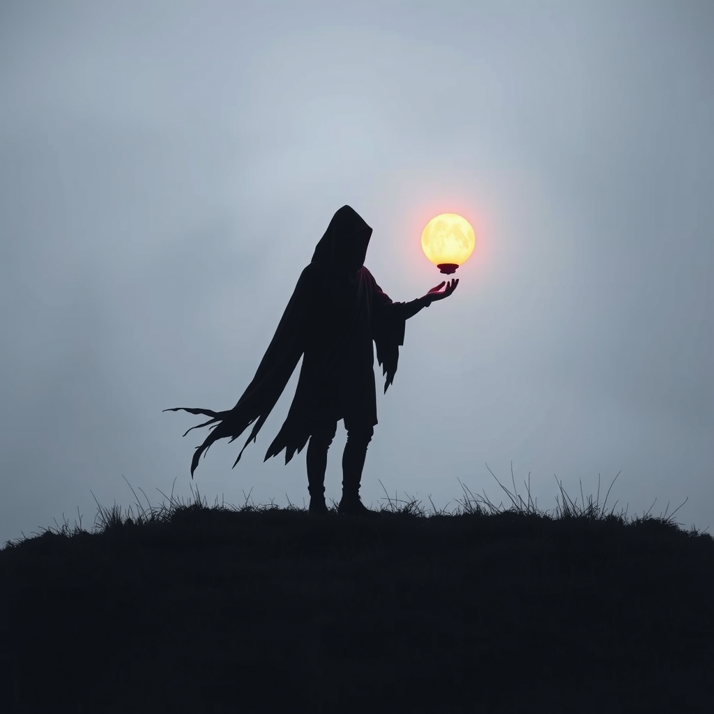 یک شبح مرموز از فردی که یک کره درخشان در دست دارد، ایستاده روی تپهای مهآلود.5