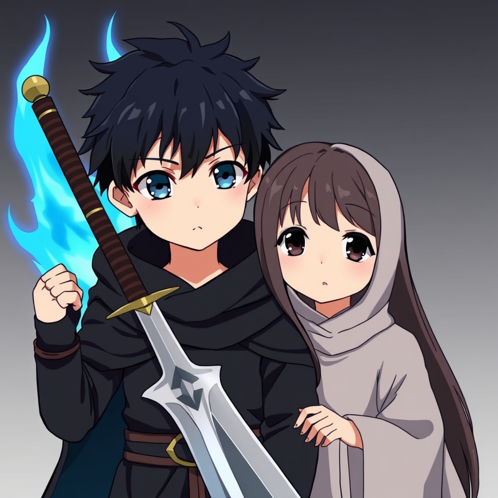 پسری با مو های سرمه ای تیره و چشم آبی و لباسی شنل دار سیاه و یک شمشیر در دست و آتشی آبی پشت سرش و کنارش هم دختری با مو های بلند و لباسی ست با لباس پسر ، لباسی جنگی مشکی با یک شمشیر در دست 16