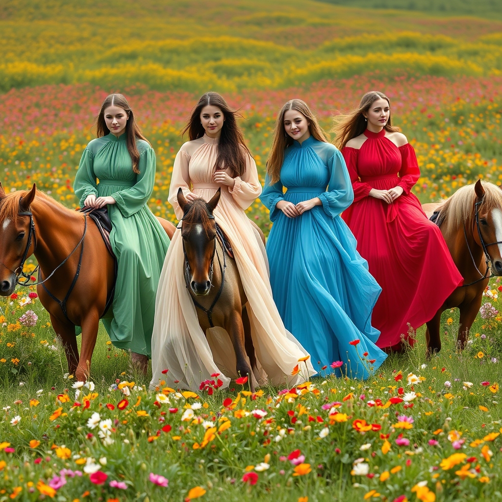 عکس چهارتا دختر در دشت سرسبز و پر از گل سوار بر اسب با لباس های حریر سبز و صورتی و قرمز ابی17