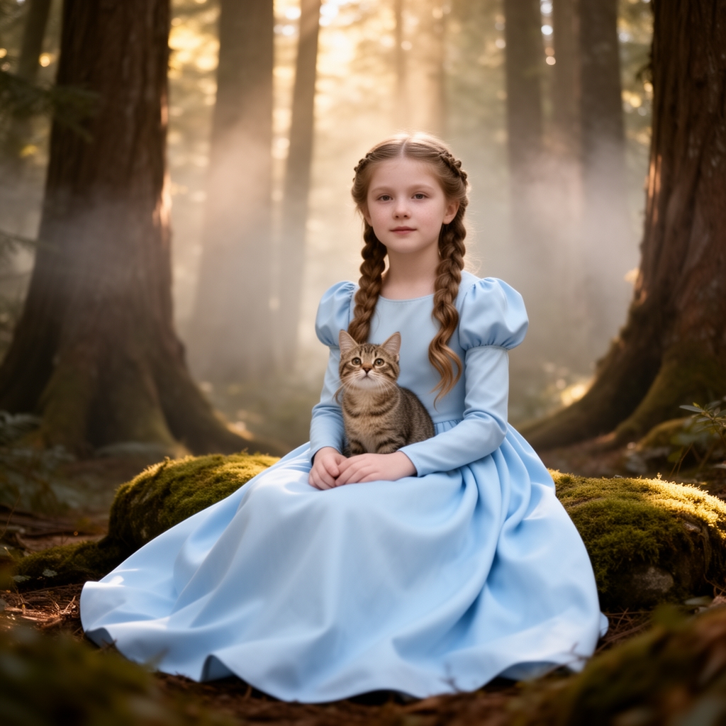 یک دختر 12 ساله با لباس عروس ابی کم رنگ صورت سفید با استبن های پفکی با موهای بلند مثل گیسو کمند که وسط جنگل نشسته جنگل رویایی و خیره کننده است و بک گربه بامزه روی لباسش نشسته0