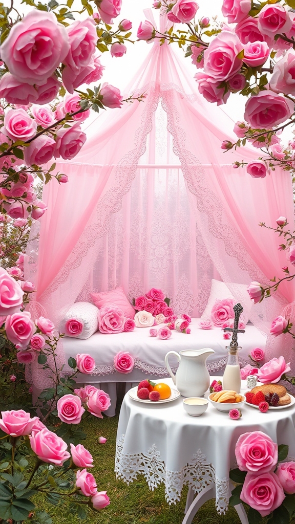 باغ گل رز صورتی در احاطه درختان پرشکوفه سیب یک خیمه توری صورتی یک تخت خواب دخترانه سفید پر از گل های رز صورتی با میز سفید صبحانه شیر نان کره خامه عسل مربا میوه با گل رز و خنجر


3