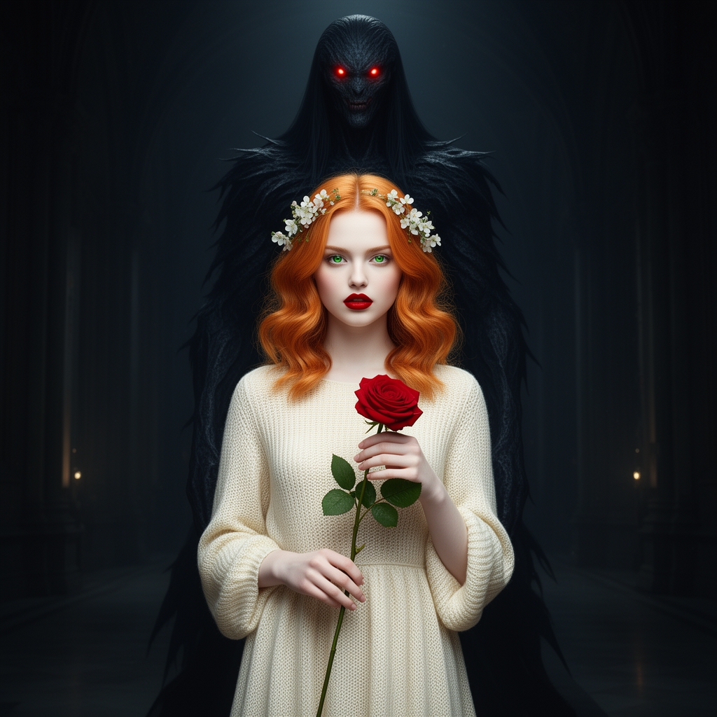 زیباترین زن جوان در جهان حتی در رویایی که شکوه خدا را داشته باشد که نظیر آن در دنیا نباشد و همه به او از شدت زیبایی به او سجده کند که با موهای نارنجی حالتدار نه چندان بلند و نه چندان کوتاه و با چشمان سبز کریستالی و با لبانی سرخ به رنگ یاقوت و با پوستی سفید به رنگ برف که با لباس بافتنی کرمی رنگ زیبایی باشد که لای موهایش شکوفه زیبایی باشد و در دستش گل رز قرمزی باشه و پشت سرش تالار تاریک و اسرارآمیز و پشت سرش مردهیولای مانندی با چشمانی سرخ و و با موهای مشکی رنگ با قامتی بلند1