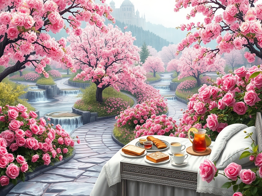 باغ گل رز صورتی جاده ای پرپیچ و خم سنگی 
دو سوی جاده پوشیده کامل از هزاران درخت پرشکوفه صورتی سیب و گل رز صورتی و رودها آبشارها باغ را در برگرفته اند در روز بهاری بارانی 
یک گوشه تخت خواب سفید سلطنتی قرون وسطایی دخترانه و سینی صبحانه 
پر نان کره خامه عسل مربا باقلوا شیر انگور سیب21