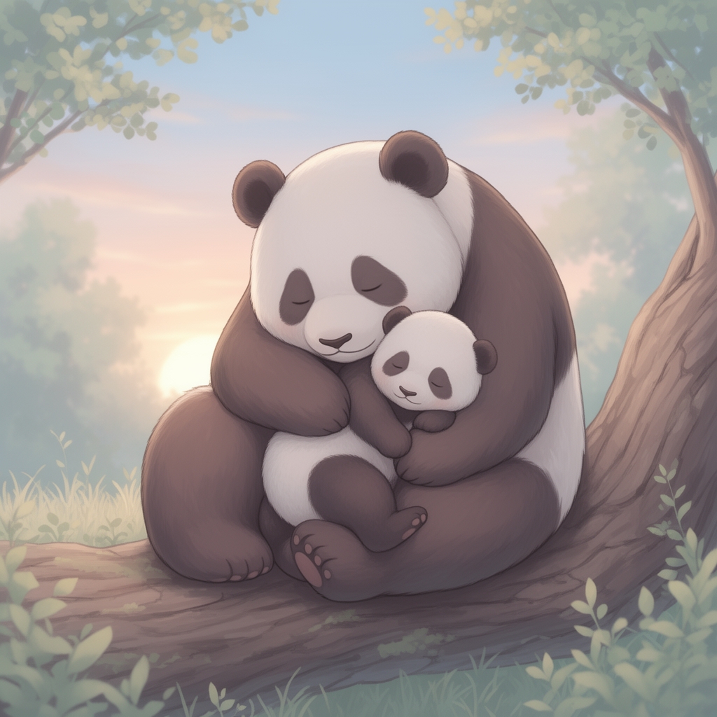 یک پاندا کوچولو که مامانش اونو بغل کرده تو بغل مادرش خوابیده روی یک تنه درخت که خیلی بامزه و ناز است با رنگ های ملایم3