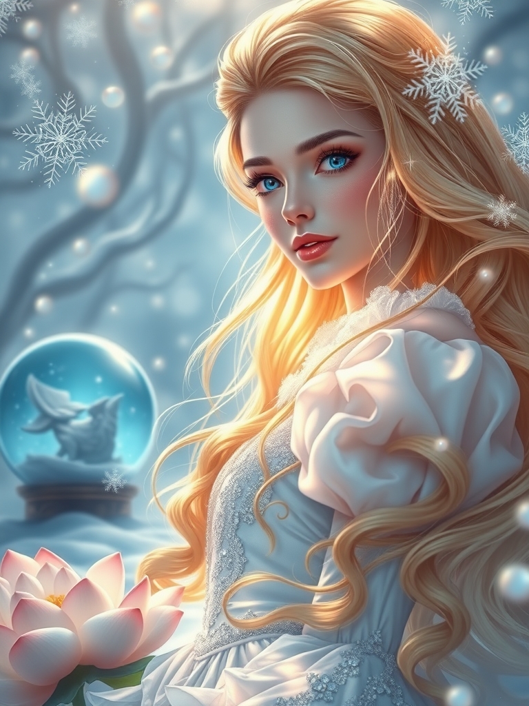 🌟دختره جوان زیبا ترین بانوی جهان همینطور در هوش مصنوعی رویایی با موهای بلند حالت دار  زرد براق وچشم های که مردمک دریا باشد و با پوستی سفید همرنگ برف با گونه قرمز لبی سرخ با لباس پفی خیلی زیبا پرنسیی 🧊 یخ❄برف🔮گویه برفی🪷شکوفه بزرگ🫧هاباب.بزرگ 11
