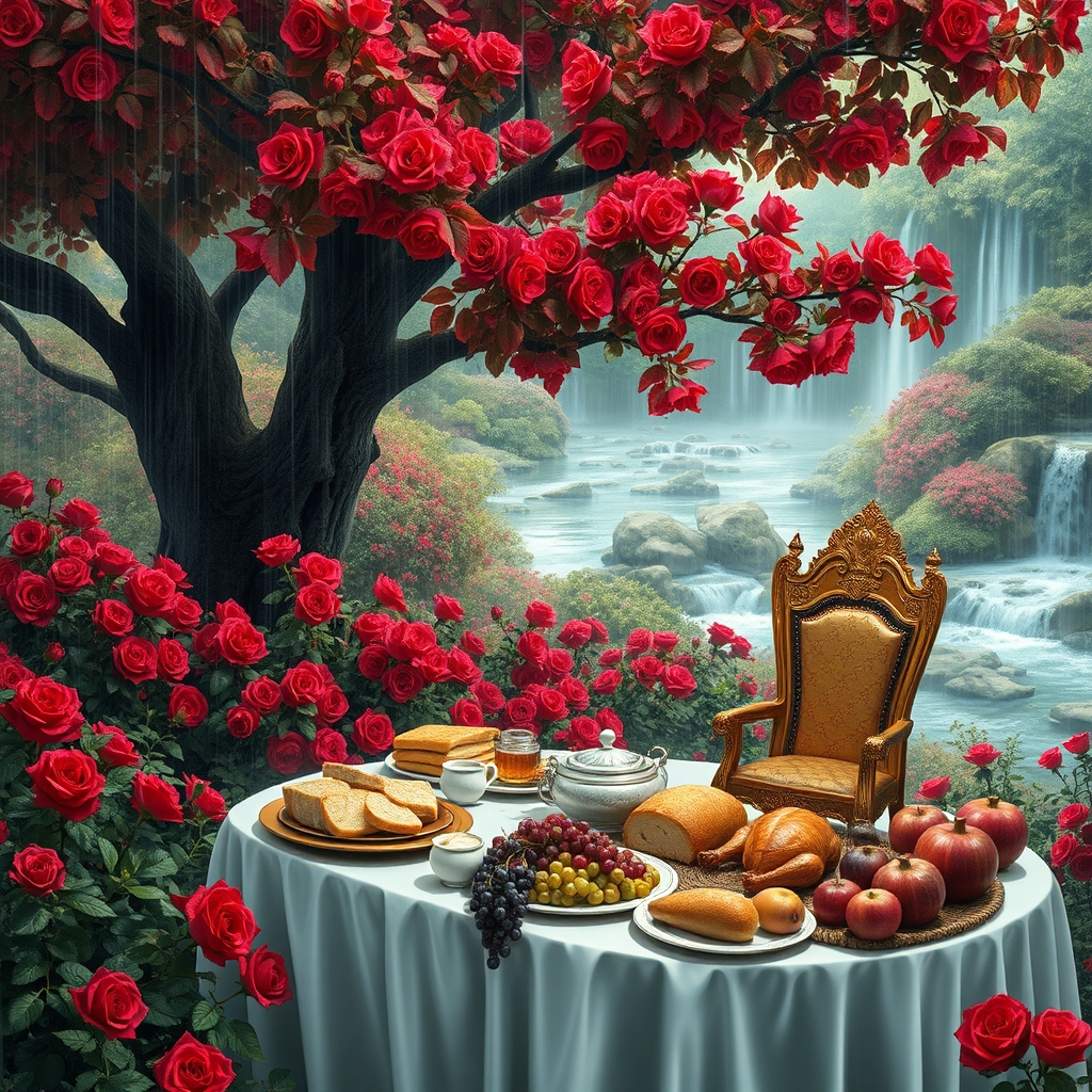 در باغ بارانی پر گل سرخ زیر سایه یک درخت با برگ های سرخ یک تخت طلایی یک میز سفید صبحانه پر نان کره خامه عسل انگور انار سیب انجیر مرغ بریان و رودها و آبشارها جاری ست17