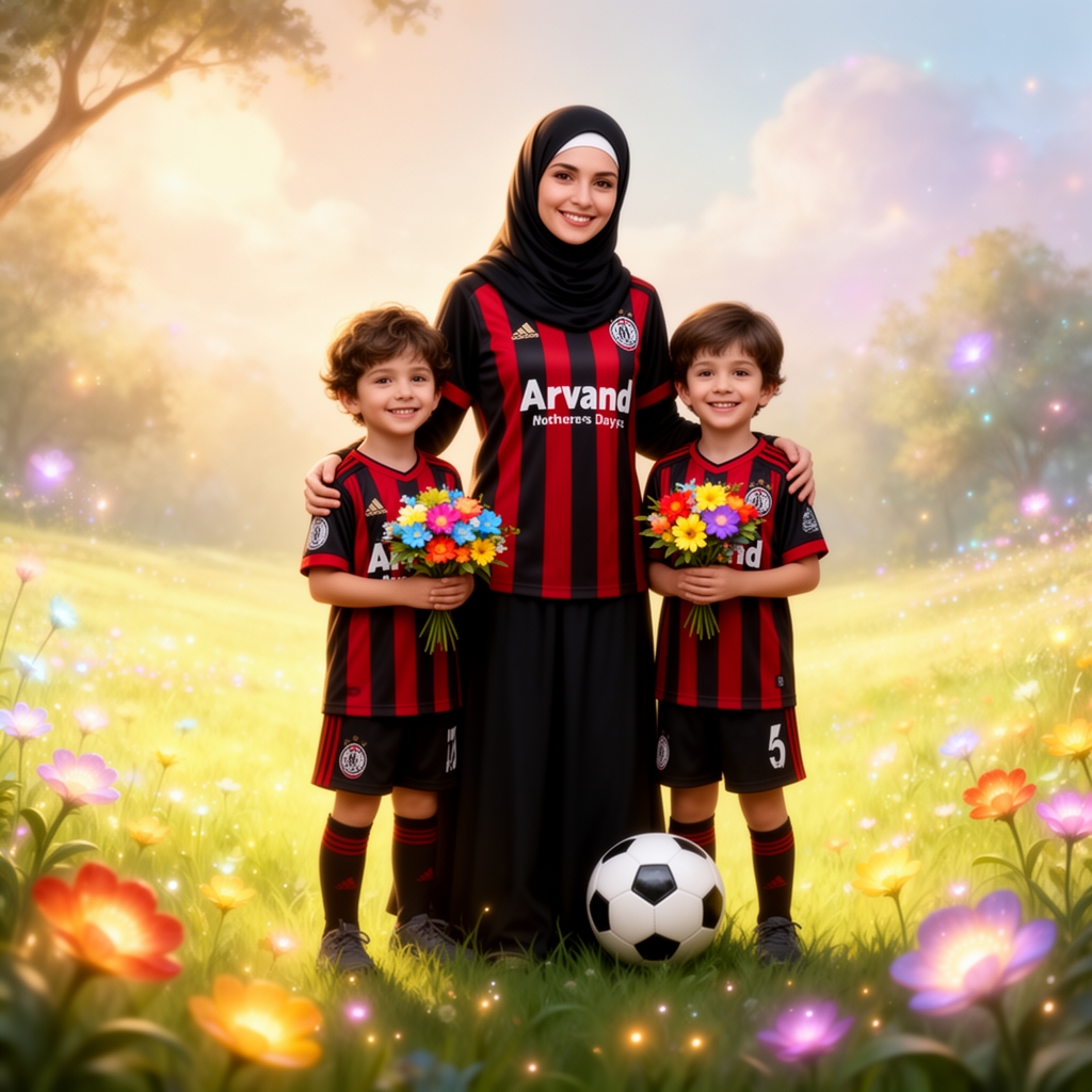 دو کودک و مادر رنگ لباس مشکی و قرمز باشه با لباس فوتبالی تیم اروند و توپ فوتبالی که در کنار مادرشان ایستادهاند و روز مادر را تبریک میگویند که مادرشان هم حجاب دارد1