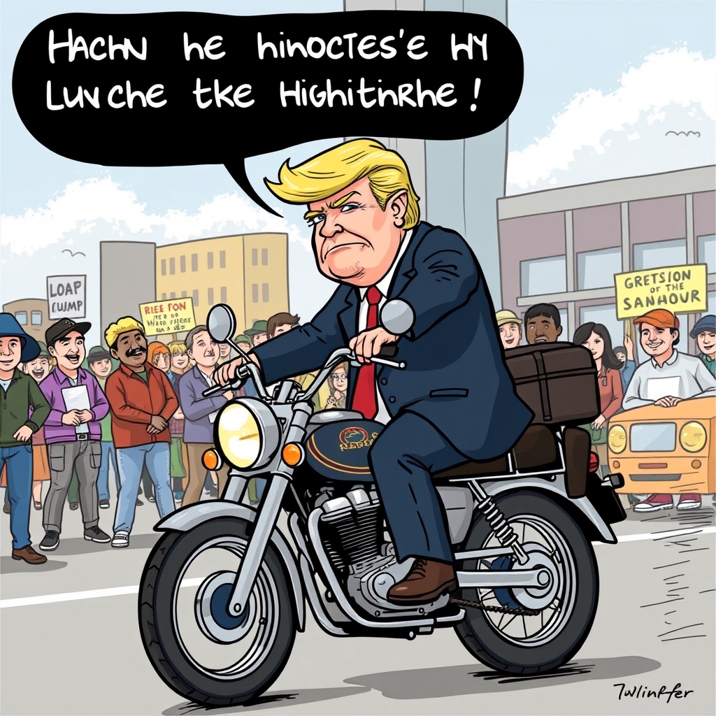 یک موتورسیکلت که رویش ترامپ نشسته ،در حال حرکت در شهری که همه به او می خندند و او گریه می کند و سبک طنزی داشته باشد5