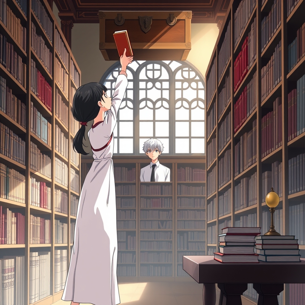 یک دختر در کتاب خانه مشغوی برداشتن کتاب از تبقه ی بالا است آنقدر بالا است که روی انگشتان پا هایش ایستاده است کتاب خانه پر کتابه کنار دختر یک میز است که که کتاب ها روهم چینده شده پشته سرش یک پنجره است که پشت پنجره یک پسر با پیراهنی سفید و کر بات مشکی به دختر نگاه می کنه مو های کوتاه ابریشمی سفید وچشمای آبی آسمونی داره ولب خند کژی بر لب داره دختره هم موهایش مشکی را دم اسبی بسته است لباس دختر کوتاه است ودامنی جدا گانه دارد رنگ لباسش سفید و رنگ دامنه صورتی دارد بالای قفسه های کتاب یک سندق است 1