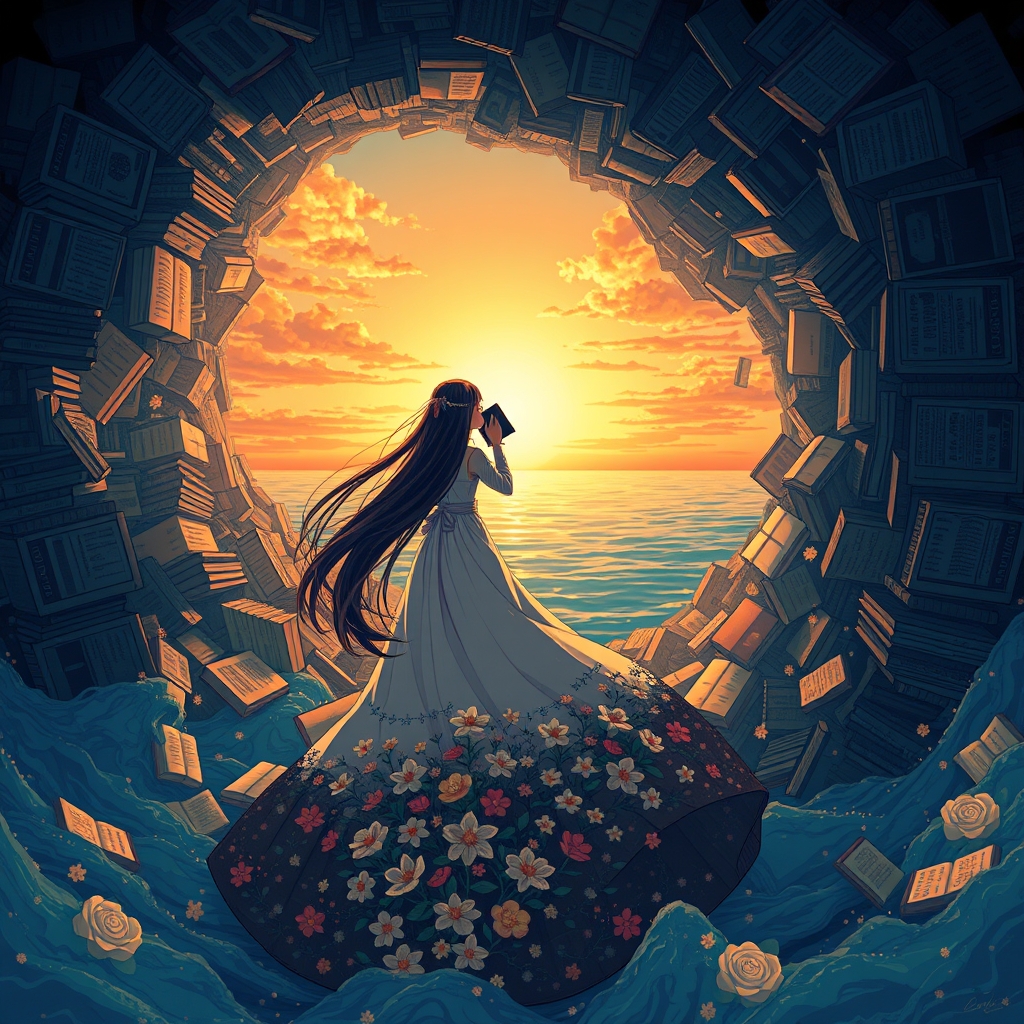 اقیانوسی از کتاب که از زمین و اسمون رها شدند و دختری با موهای مشکی بلند و کتاب به دست با دامنی از گل های ریز و درشت خیره به طلوع اقیانوس 6