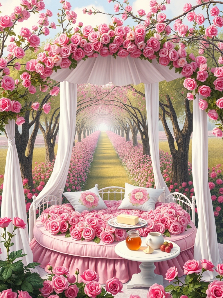 در صبح بهاری باغ گل رز صورتی در احاطه درختان پر شکوفه زیر تونل درست شده از گل های سرخ یک خیمه توری گل بهی سفید و صورتی با تخت گرد صورتی با کوسن های سفید پر از گل های رز صورتی و میز کوچک سفید با نان کره خامه عسل میوه شیر
6