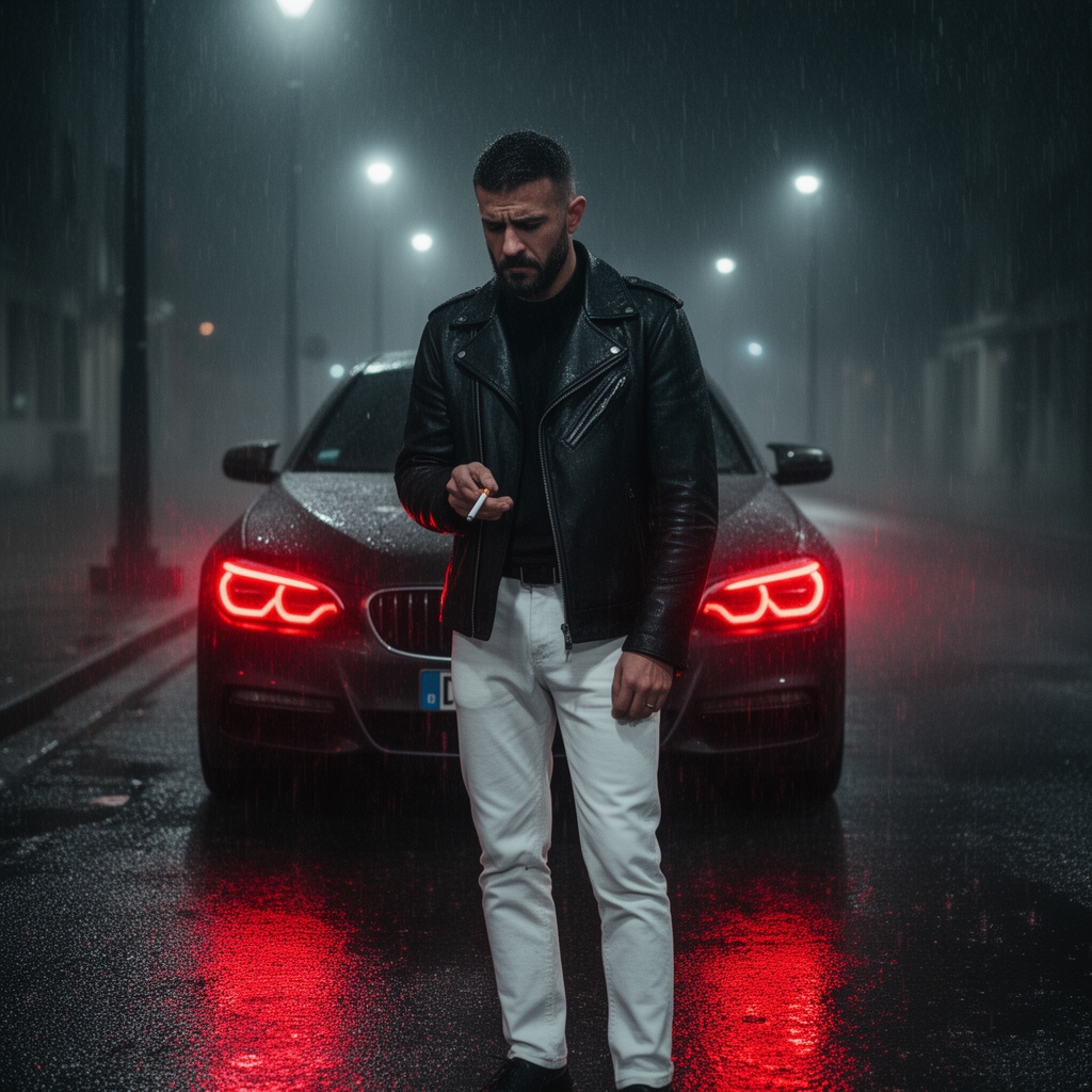 تصویر مردی دل شکسته که در هوای بارانی شب روی پای ایستاده کنار ماشین بی ام دبلیو که نور های جلوی ماشین قرمز هستن و او مرد یک کت چرمی مشکی و شلوار سفید بر تن دارد و ته ریش هم دارد و سیگار مای برو در دست دارد واقعی گرایانه1