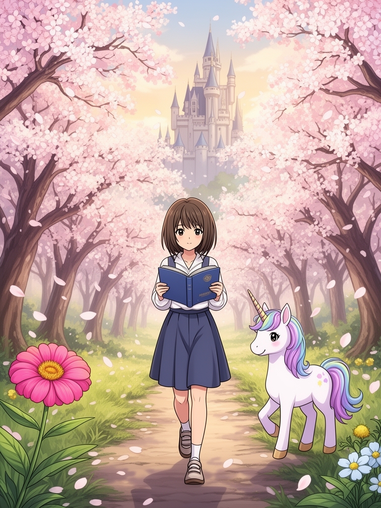 桜の木に覆われた道で本を読みながら歩く女の子 🦄🌺🏰1