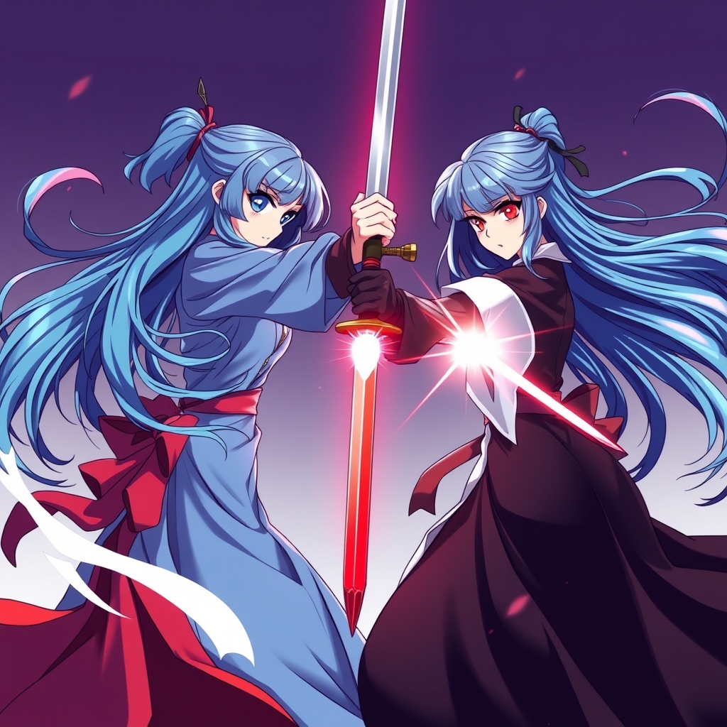 عکس یک دختر با موهای بلند باز آبی که شمشير زن ماهری هست چشم هایی آبی یک پیرهن بلند آبی پوشیده و دارد بادختری که موهایی به رنگ خون دارد چشم هایی قرمز که پیرهنی بلند به رنگ خون پوشیده و شمشير زن ماهری هست  مثل دو خواهر دوقلو هستند و دارند با هم مبارزه میکنند17