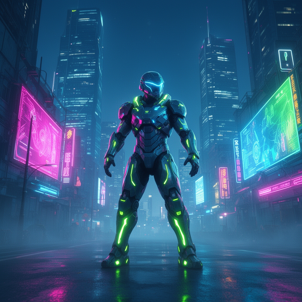 یک جنگجوی سایبرپانک آیندهنگر با زره نئونی، ایستاده در منظرهای از شهر نورانی، پسزمینه شب، با رنگهای زنده و جزئیات زیاد.5