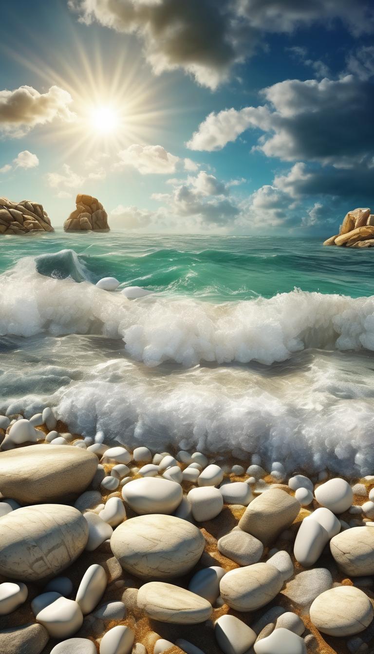 ساحل زیبای سنگی با خورشید تابان و هوای ابری با جزییات3