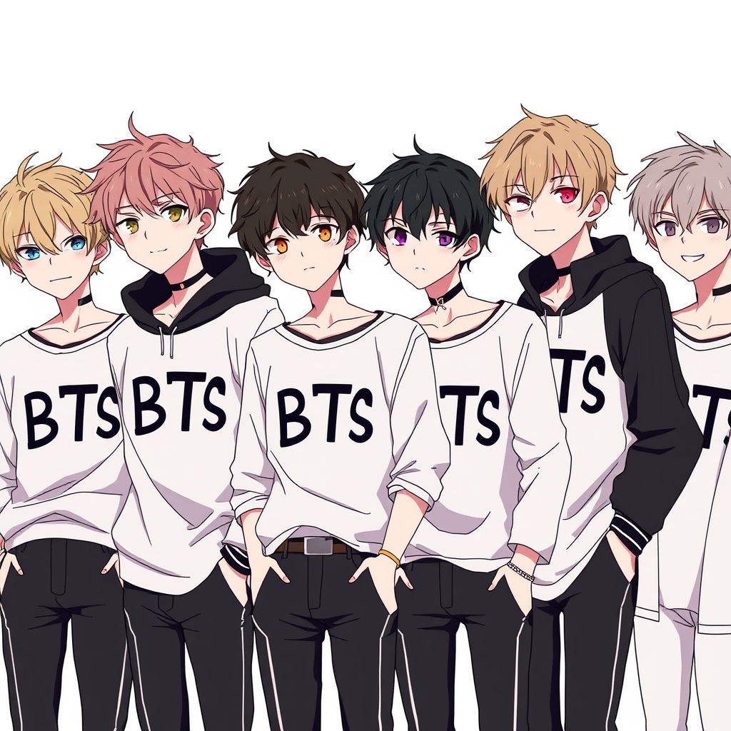 عکس ۷ تا پسر که روی لباسشان بی تی اس نوشته شده 
2