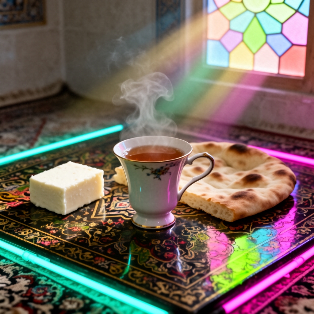 یک استکان چای کمر باریک روی فرش لاکی ایرانی، بخار داغ چای، نان سنگک تازه و پنیر کنار آن، نور ملایم صبح که از پنجره رنگی میتابد، حس نوستالژیک.2