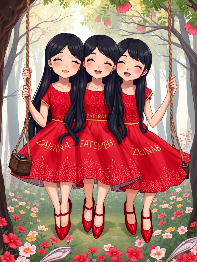 سه قلوها،زهرا،فاطمه،زینب سه خواهر سه قلو و شبیه هم هستند و موهای خیلی بلند و مشکی دارند و لباس هر سه تاشون قرمز و براق و اکلیلی و دامن دار مانند پرنسس ها است و بر روی یک تاب نشسته اند و بالای سر آنها یه درخت است که تاب به آن بسته شده است و کفش های قرمز و براق مانند پرنسس ها دارند و زیر پاهای آنها گل های زیبا است و پشت سر آنها جنگلی پر از گل است و لبخندی ملایم و لب سرخ دارند و می خندند و روی لباس آنها با خطوط زیبا به رنگ طلایی یکیشون ZAHRA است و یکیشون FATEMEH و یکیشون ZEINAB نوشته شده است20