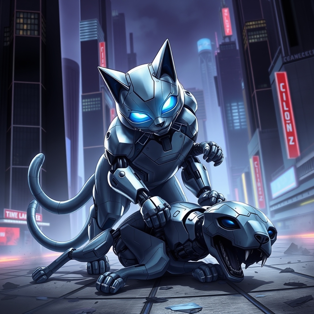 عکی یک گربه و سگ رباتیک که در یک شهر مدرن با هم می‌جنگند و گربه پیروز میشود11