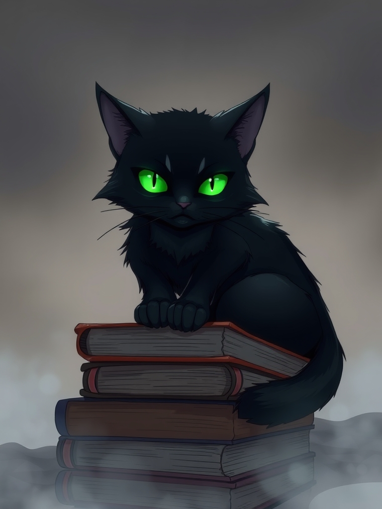یک گربه سیاه مرموز با چشمان سبز درخشان، نشسته روی انبوهی از کتاب‌های قدیمی.5