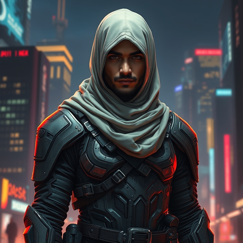 یک جنگجوی سایبرپانک آینده‌نگر با زره نئونی، ایستاده در منظره‌ای از شهر نورانی، پس‌زمینه شب، با رنگ‌های زنده و جزئیات زیاد.0