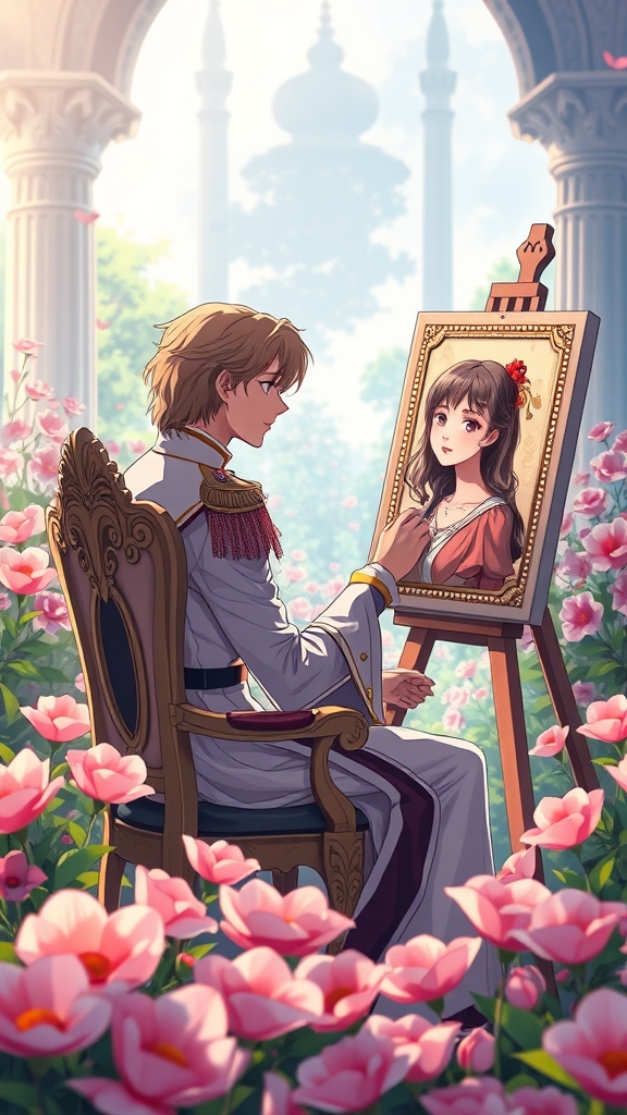 یک شازاده که توباغ گل قصر نشسته رو صندلی جلویی بوم نقاشی و داره عکس عشقشو میکشه
21