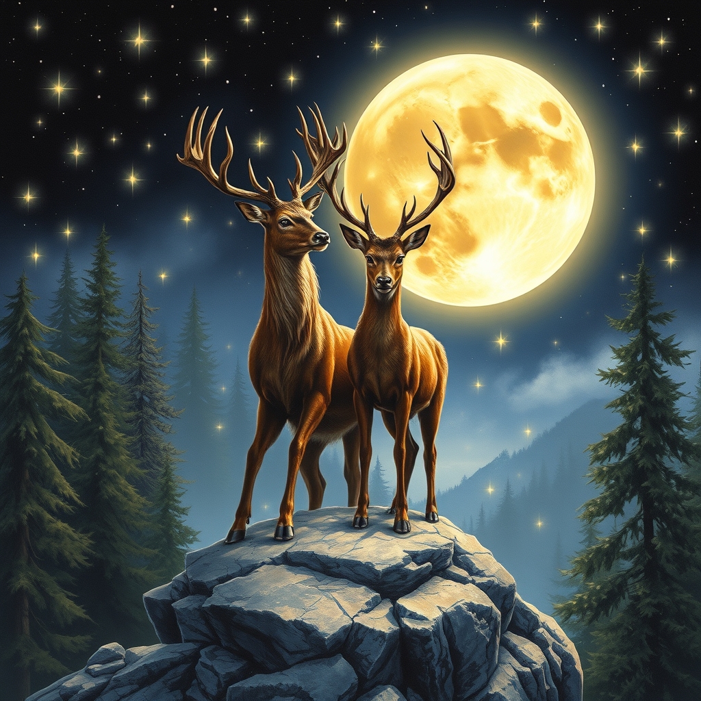 دوعدد گوزن زیبا روی صخره ی کوه درجنگل و قرص کامل ماه پشتشان و پر از ستاره های نورانی 16