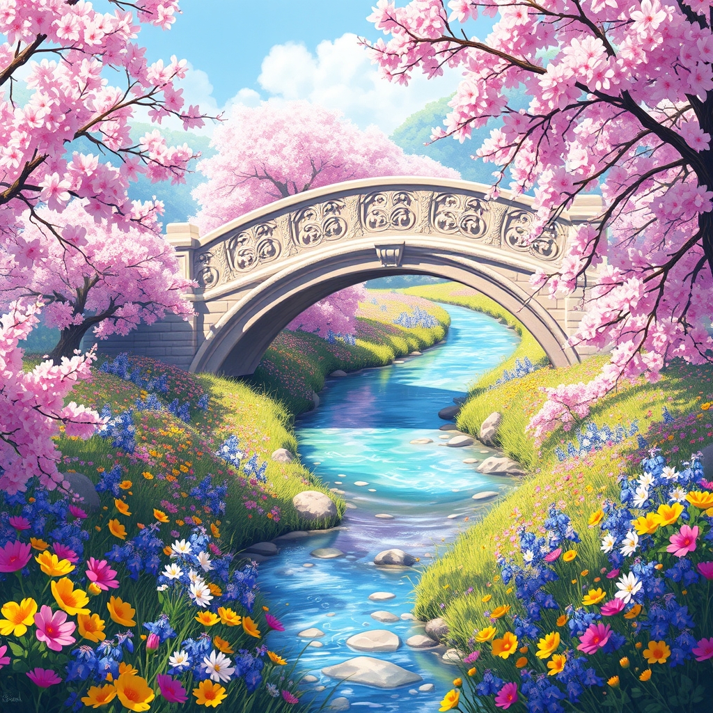 یک رودخانه ی زیبا در وسط دشت گل ها که در آن گل های خوش رنگ و بویی است که روی آن پلی زیبا و رویایی وجود دارد.16