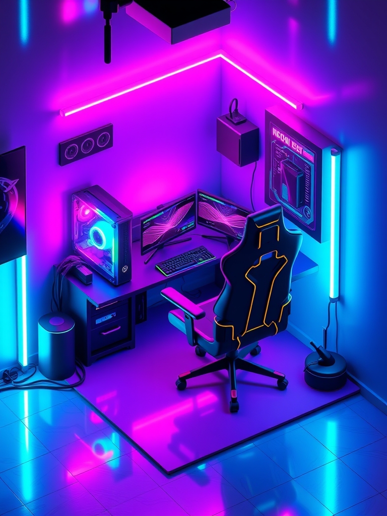 طراحی ایزومتریک سه بعدی از یک اتاق گیمینگ کوچک، کامپیوتر با نورپردازی RGB، صندلی راحت، جزئیات دقیق و رنگهای نئونی.1