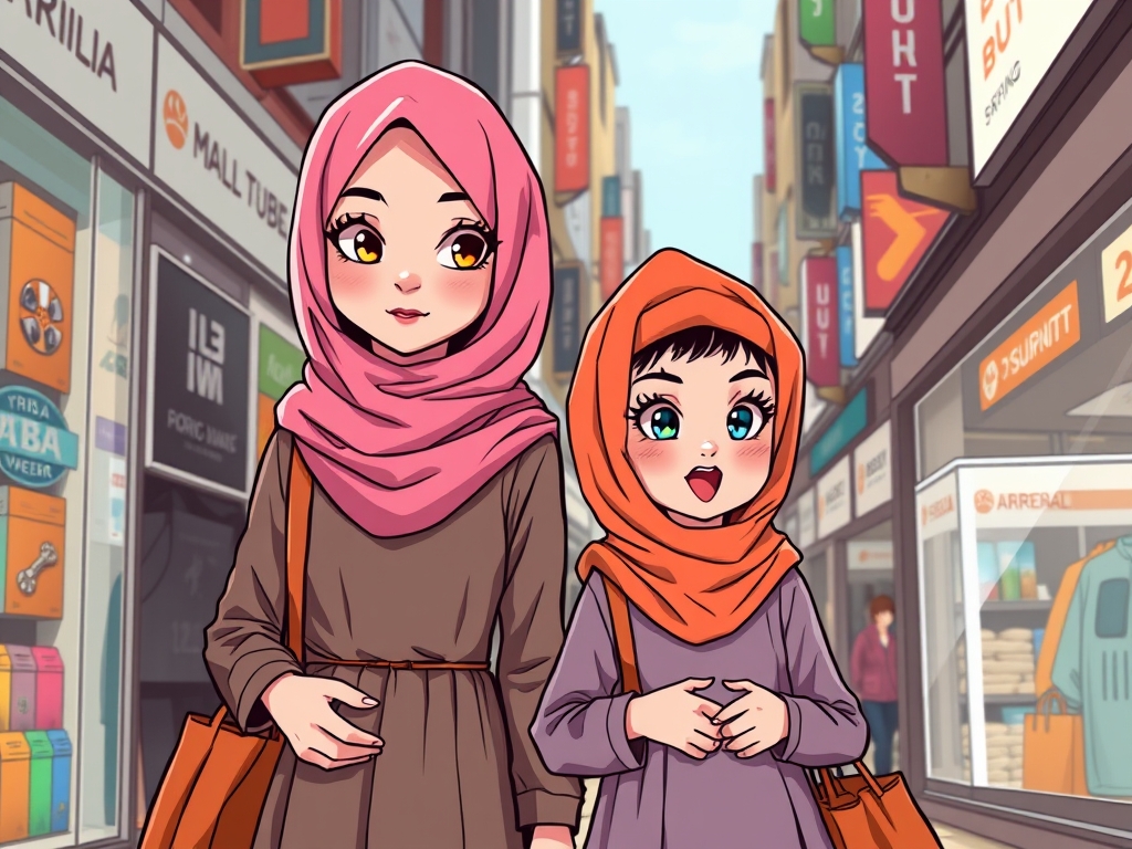 یک دختر بزرگ که چشم های درشت و زیبا دارد و گونه هایش قرمز و لب های کوچکی دارد در یک شهر مشغول خرید است آن دختر شال و کلاه صورتی دارد و یک دختر که قد کوتاه دارد و لب های بزرگ قرمز و چشم های آبی و شال و کلاه نارنجی کنار او ایستاده
2