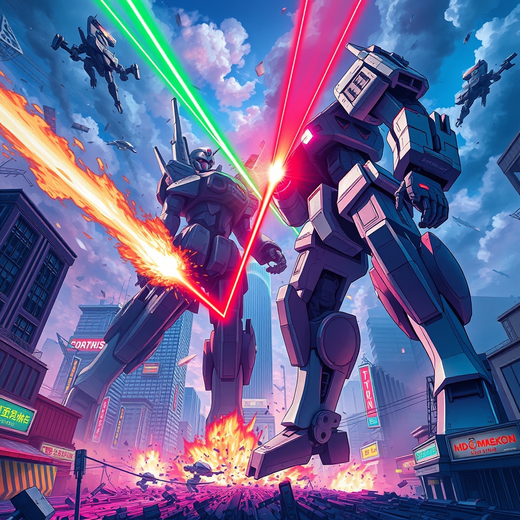 Battle of two giant robots in the middle of an anime city, explosions and green and red lasers, building debris, low angle view.2