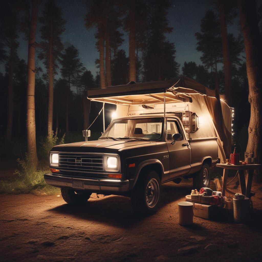 شب رویایی یک ماشین پیکاپ که پشت صندوق تخت خواب و چراغهایی نورانی دارد همراه با بلشت و تلوزیون در یک کمپ پیکنیک زیبا20