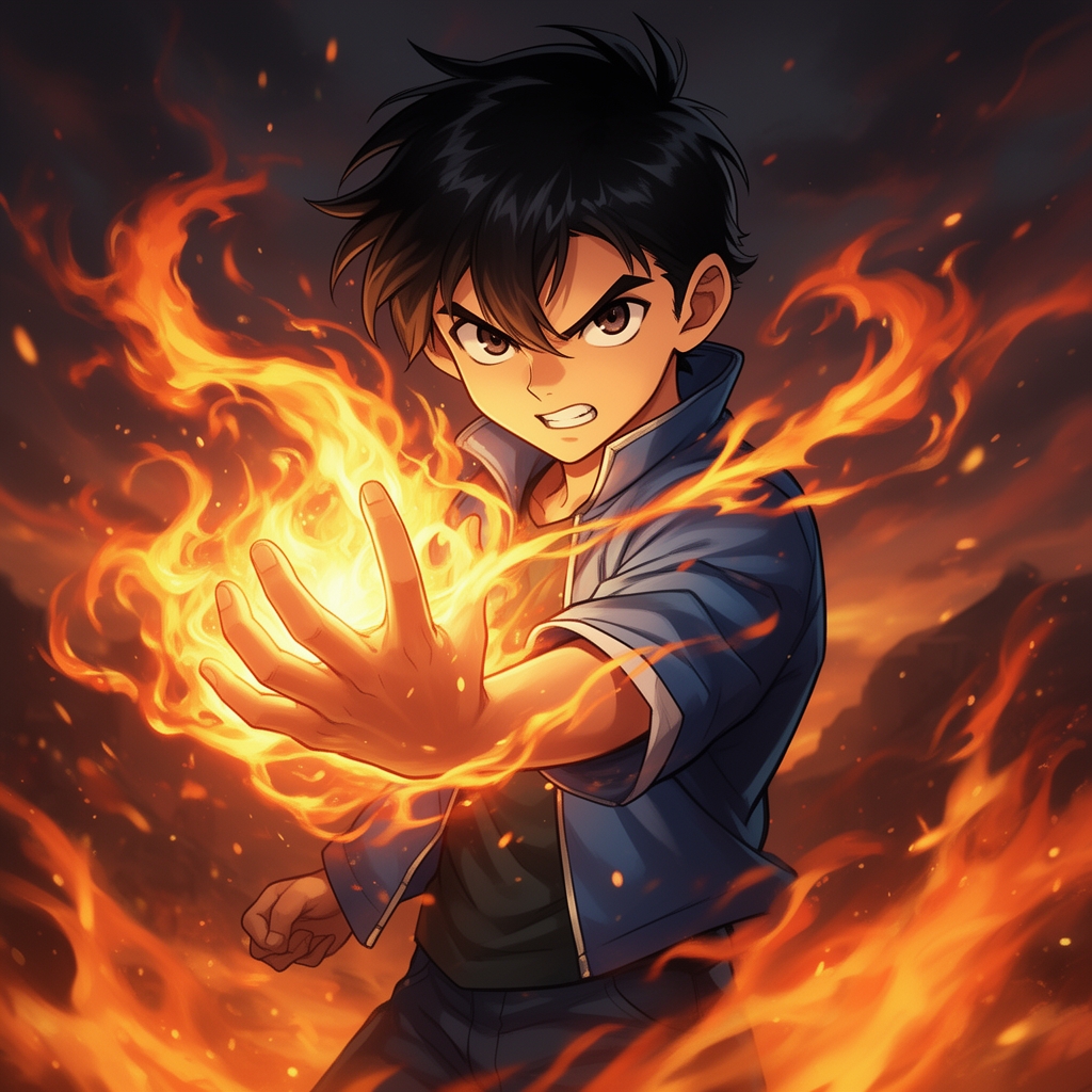پسری ۱۲ ساله با موهای مشکی جادوی آتش در دست دارد، افکت‌های ویژه تصویری، حالت تهاجمی و اکشن.5
