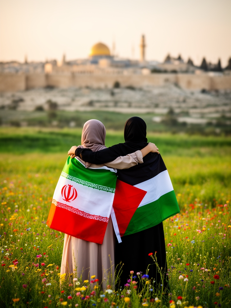 عکسی از دو دختر با حجاب که یکی از آنها پرچم ایران و یکی دیگر پرچم فلسطین را بر دوش دارد و پشت به دوربین دستشان را به گردن هم انداخته آمد و قدس را نشان میدهند.
فضا سبزه و گل دارد و قدس کمی دور تر از آنهاست.6