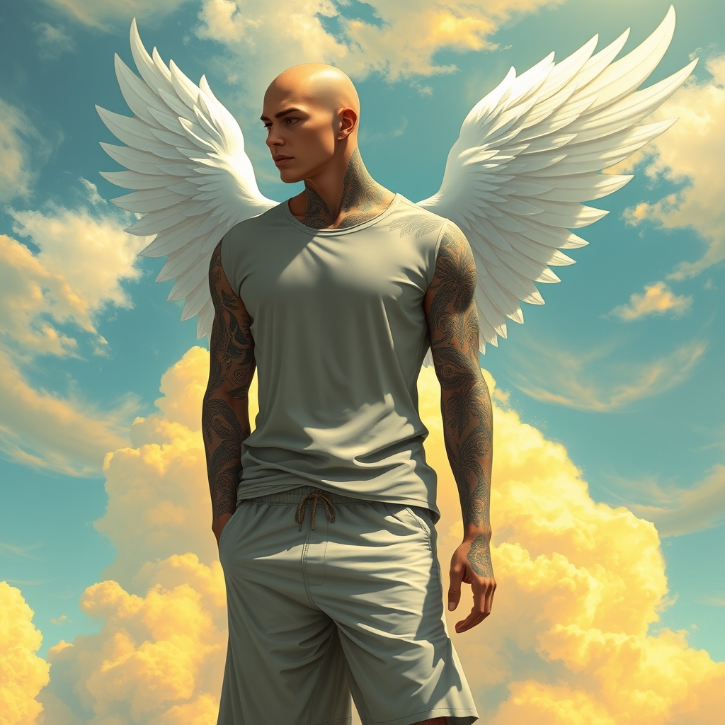 خواننده که هیچ مویی ندارد همه جایش تتو دارد و مرد است تاپ و شلوارک بر تن دارد بال های سفید دارد و در بهشتی که از طلا و ابر است هست10