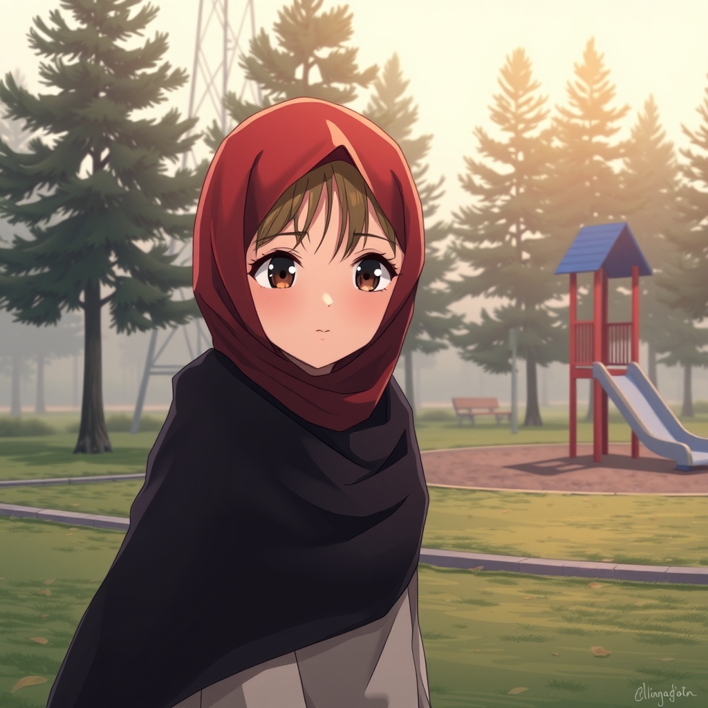 دختری با چشمان مشکی و روسری زرشکی و چادر مشکی در پارکی با سرسره و درخت های کاج هنگامه صبح 13