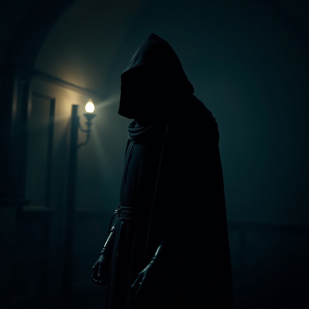 یک شوالیه با شنل سیاه زیر نور کم لامپ در شبی ترسناک در حالی که در زاویه بسته تصویر قرار دارد3