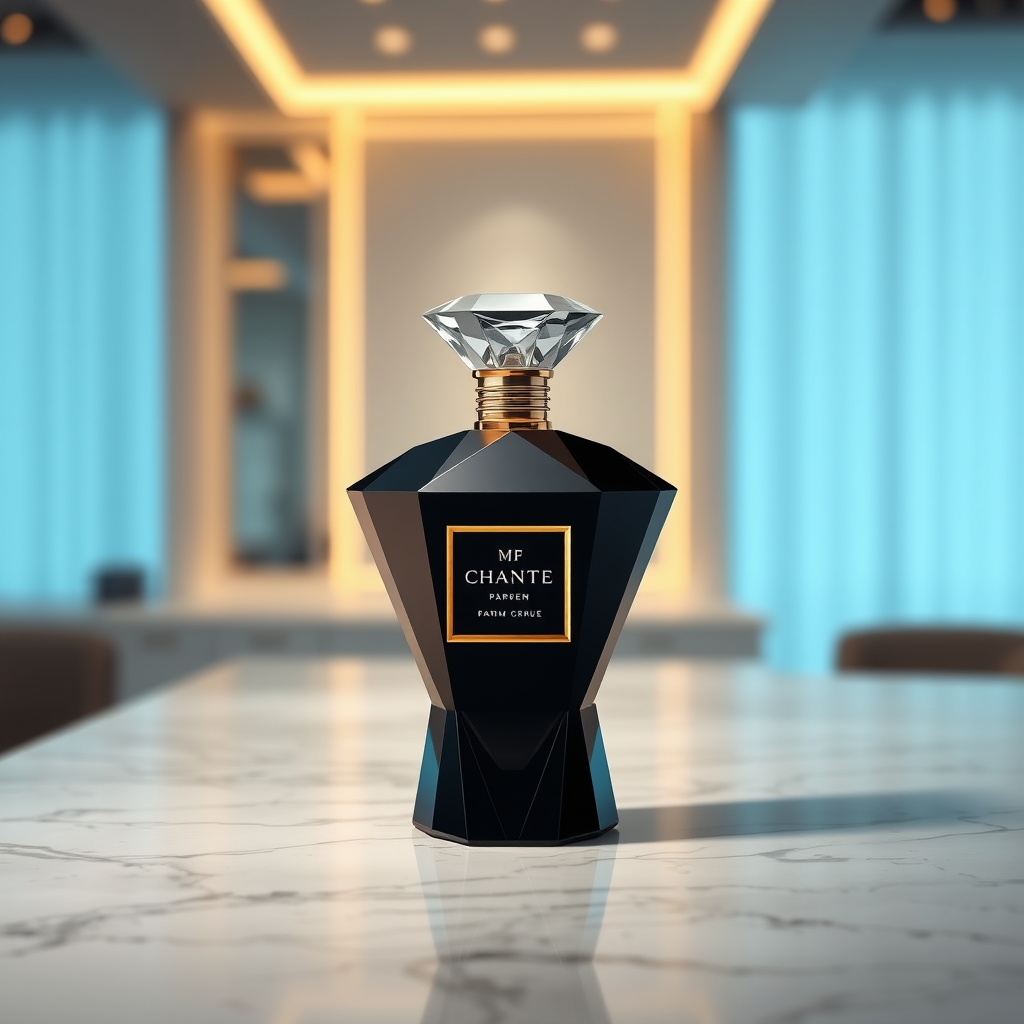یک شیشه عطر لوکس به شکل الماس مشکی رنگ، قرارگرفته روی یک پیشخوان مرمر.0