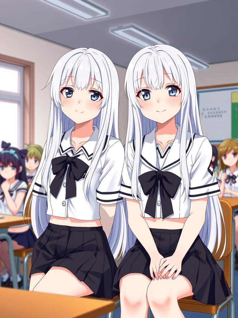 دو خواهر دوقلو که کاملا شبیه هم هستن و دوتا شون خیلی قیافه شون بچه گونه و خوشکل هست و ۱۸ سال سن دارن و هردو موهاشون بلنده تا باسن و موهاشون هم رنگ ماه هست کاملا سفید و براق مثل لامپ سفید و چشماشون هم مثل نقره میدرخشه و هردو تاشون لباس فرم مدرسه ژاپنی پوشیدن یک دامن کوتاه سیاه با چین چین و یک کت کراپ استین کوتاه که سفیده با یک پاپیون سیاه و هرو لبخند میزنن و داخل کلاس کنار هم نشستن و هم کلاسی هاشون محو زیبایی این دو خواهر شدن 12