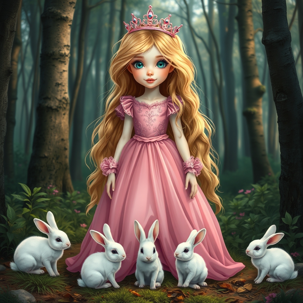 یه دختر زیبا با موهای طلایی و لباس صورتی زیبا که بالای سرش یه تاج صورتی زیبا دارد در جنگل بر روی پای او چند خرگوشه زیبا و سفید نشسته12