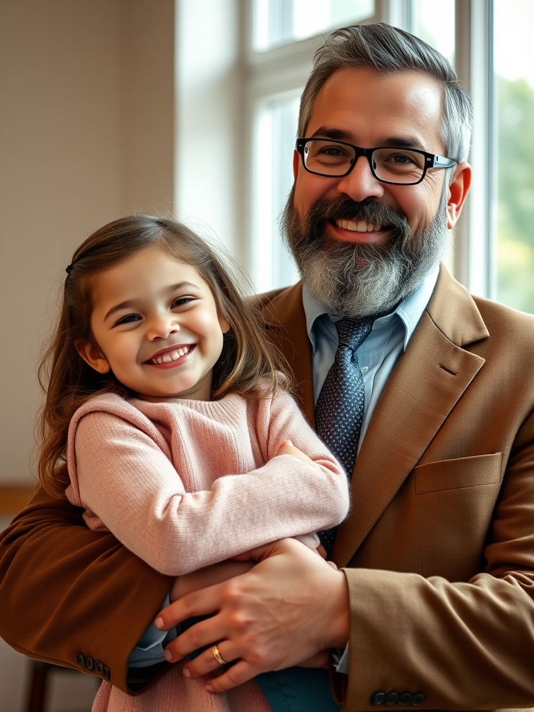 دختر ۹ ساله شاد و خوشگل در آغوش پدری کت و شلوار قهوهای و با ریش و سبیل مشکی.19