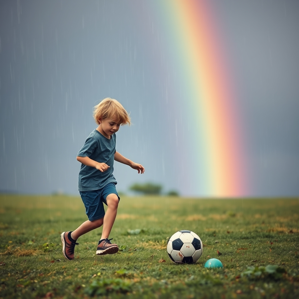 عکس پسر بچه ای با موهای طلایی که در حال بازی فوتبال است و در زیر رنگین کمان باران است 18