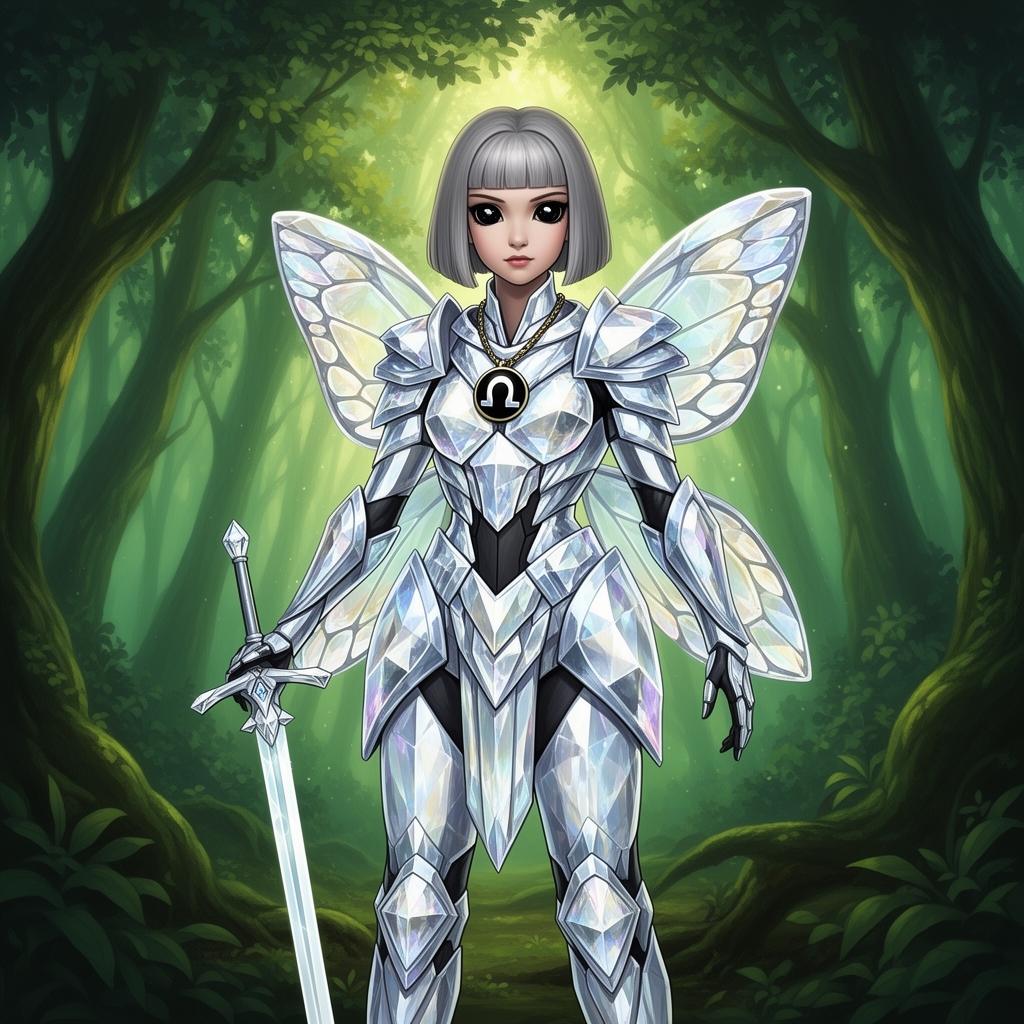 جذادختری از جنس الماس با موهای مصری کوتاه طوسی وچشم های مشکی در ان چشم ها ماه است با لباس جنگی که پروانه ای است وگردن بند الفا ای هم در گردن داردو در جنگل سر سبز و شمشیر ساده ای از جنس الماس ب ترین خوناشام دختر دنیا2