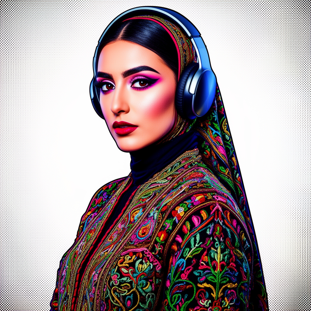 پرتره نقاشی شده از یک زن با لباس سنتی قاجاری اما با آرایش مدرن و هدفون روی گوش، تلفیق هنر کلاسیک و پاپ آرت.5