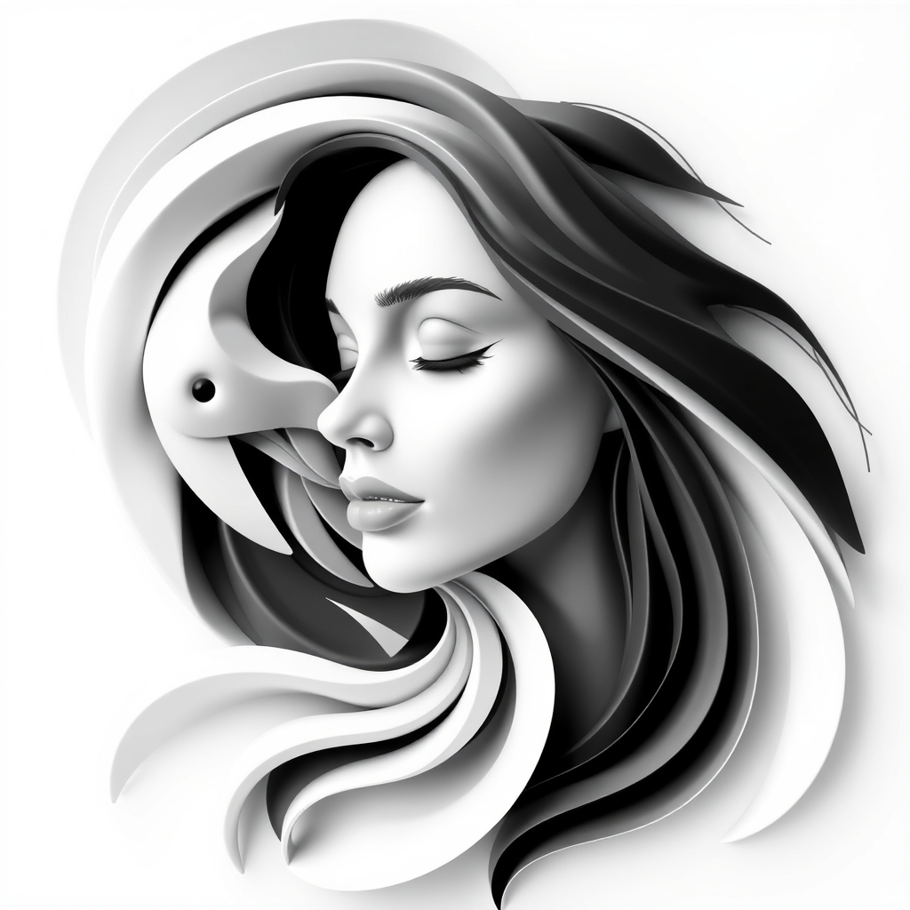 The image is a black and white abstract artwork featuring a woman with an eye and a bird, blending into each other in a swirling, flowing pattern.5